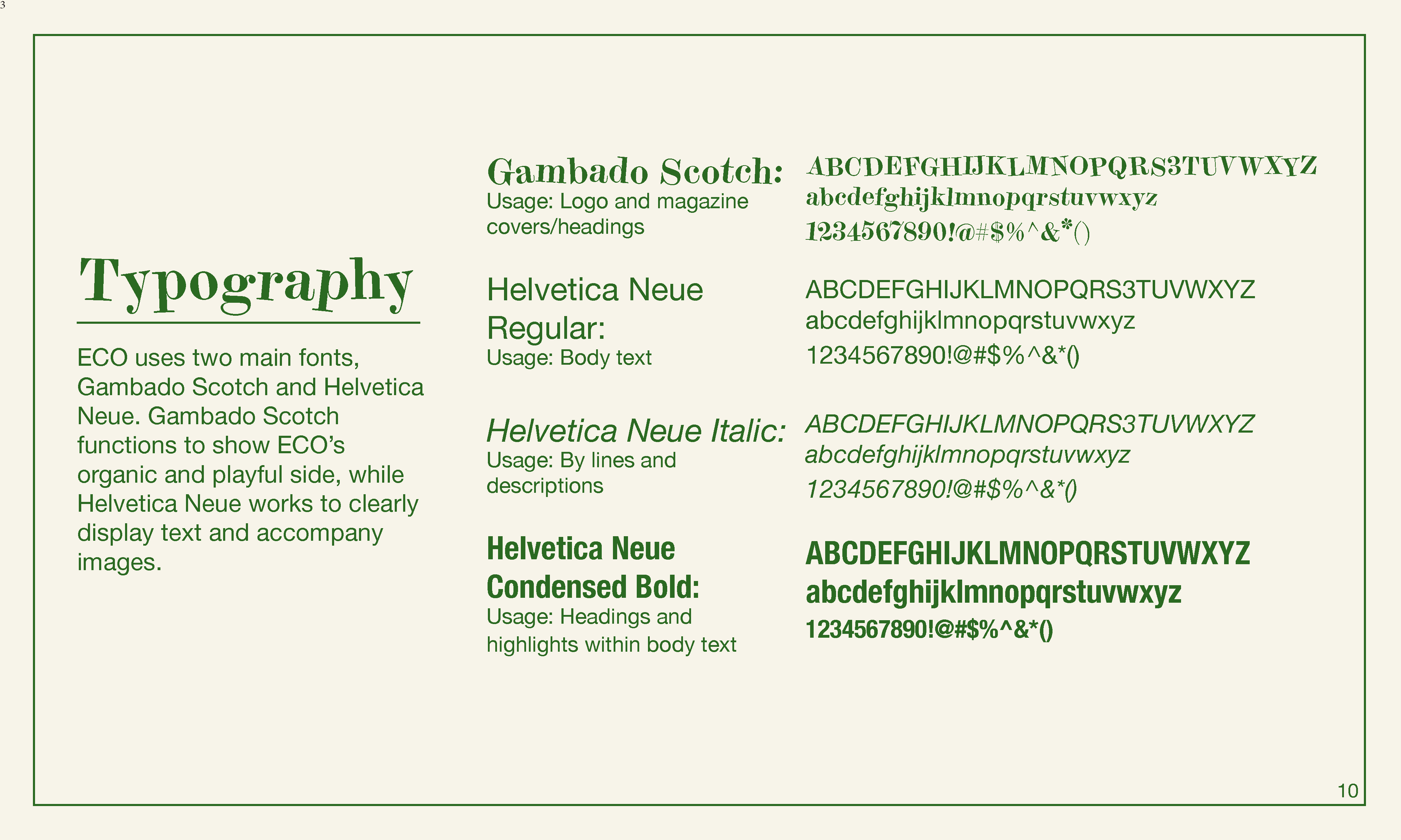 Typography guidelines for the ECO brand. Four different font categories, when they are to be used, and characters listed as example.