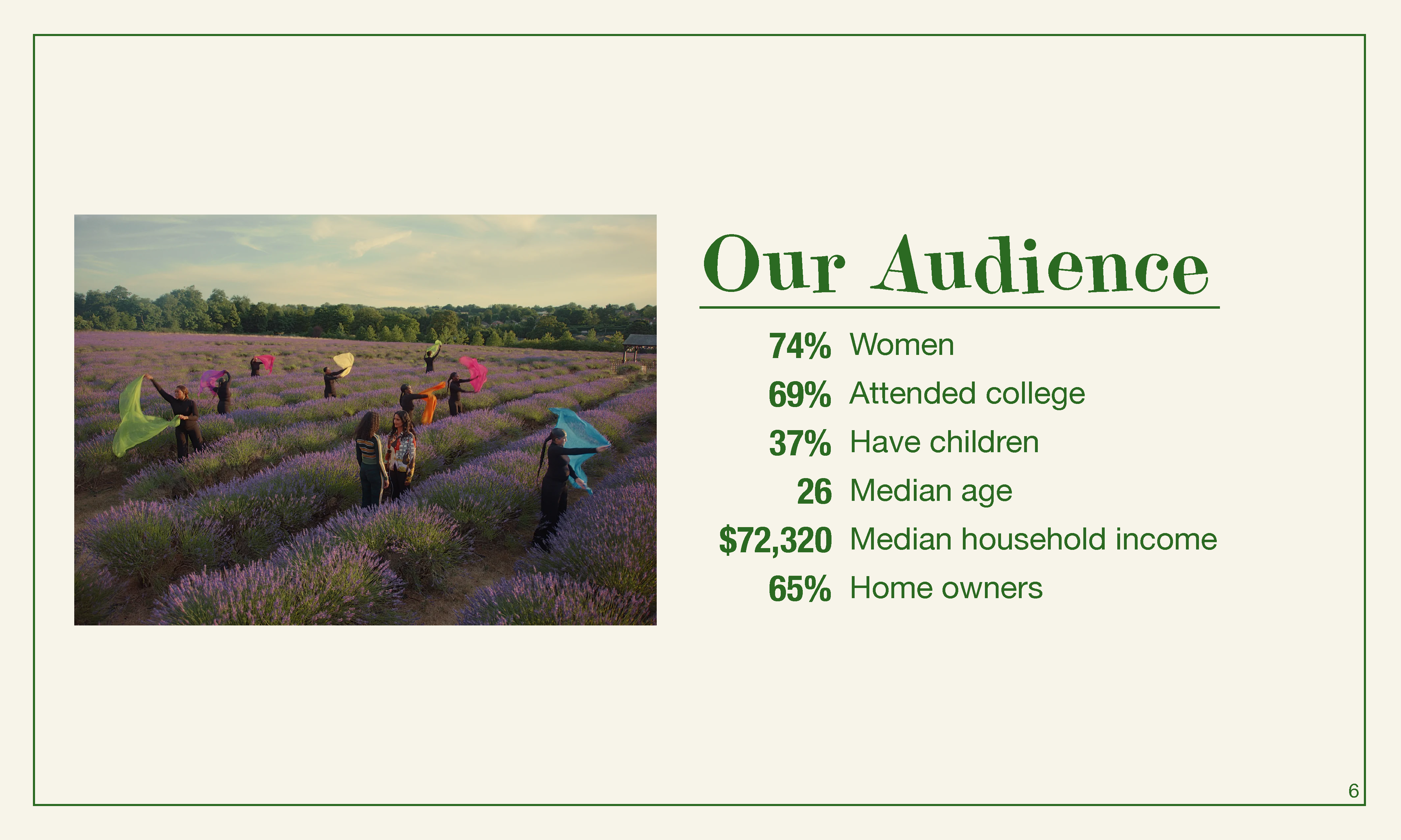 An image of people waving colorful cloths in a lavender field. To the left are statistics describing the ECO audience.