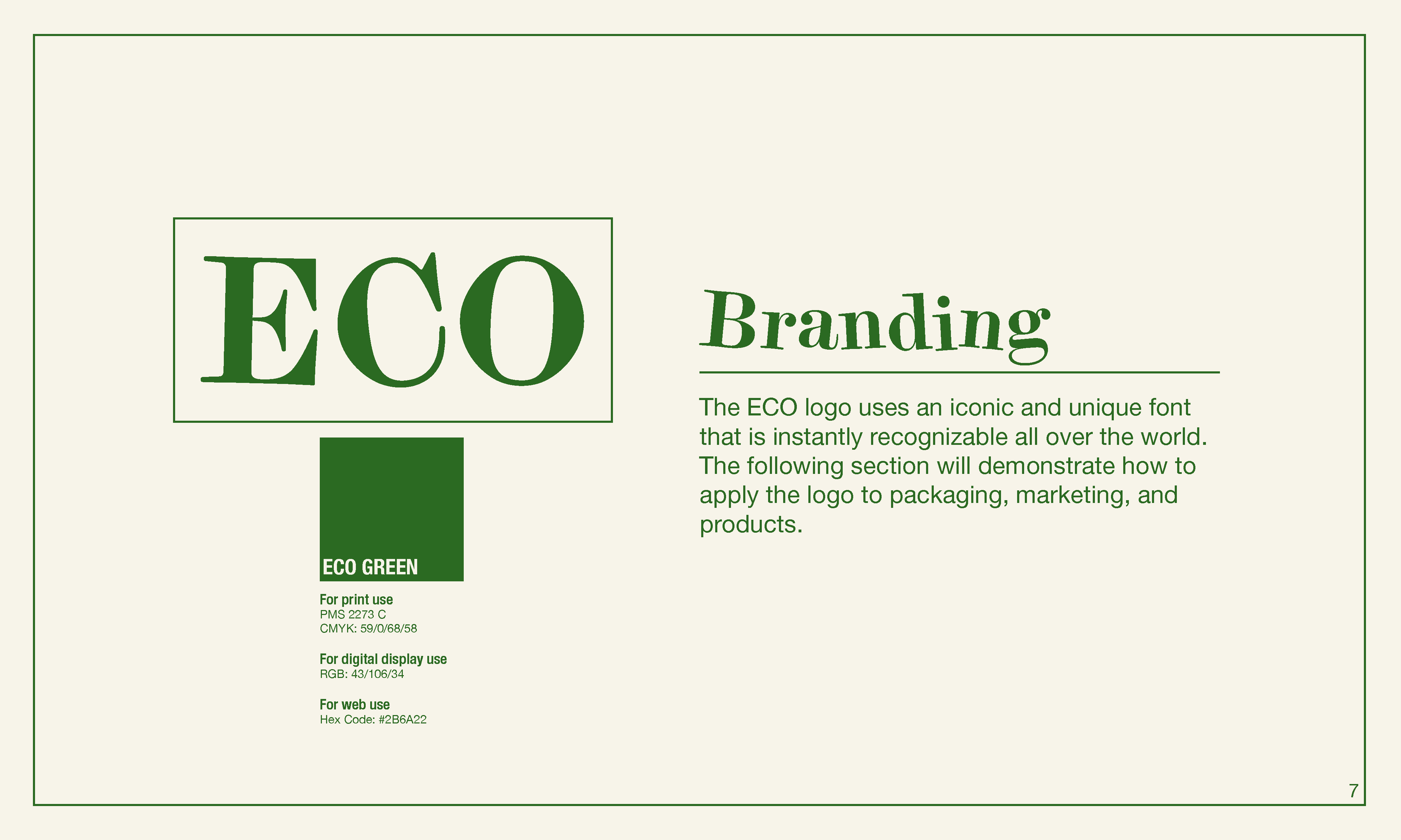 The ECO logo above a swatch of the brand's signature green color and guides for use. To the right the title branding followed by a statement on ECO's branding.