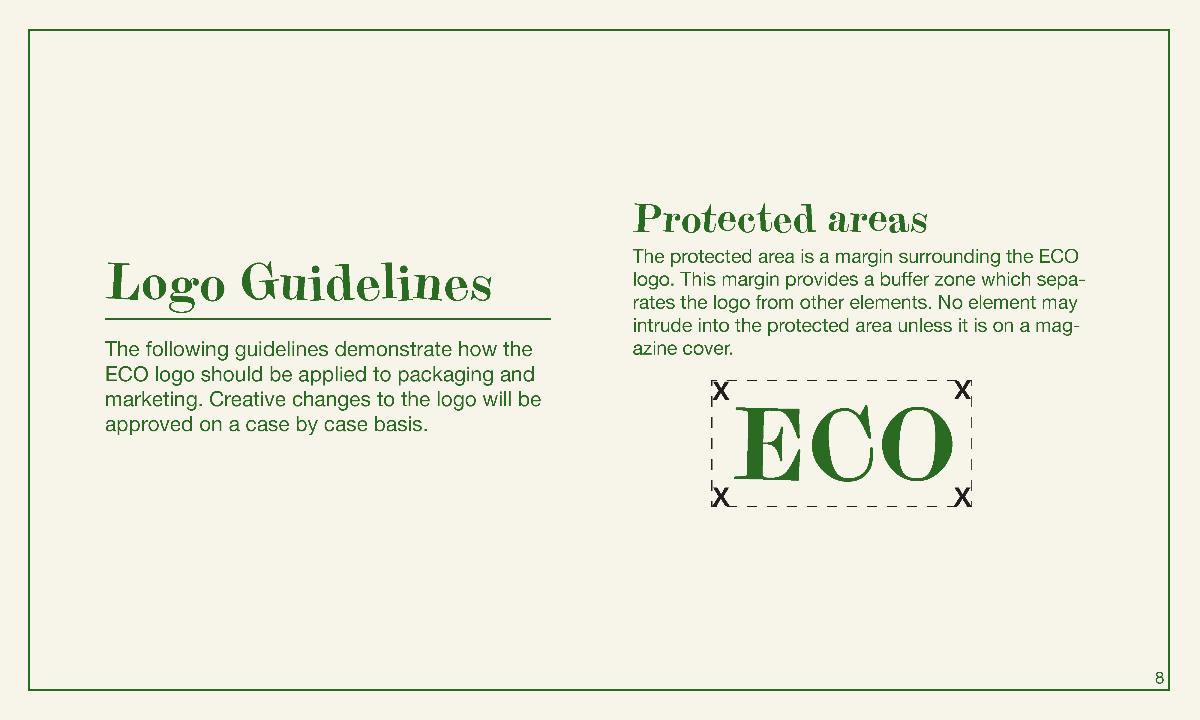 Logo use guidlines and a graphic guide of protected area surrounding the ECO logo in a rectangular formation.