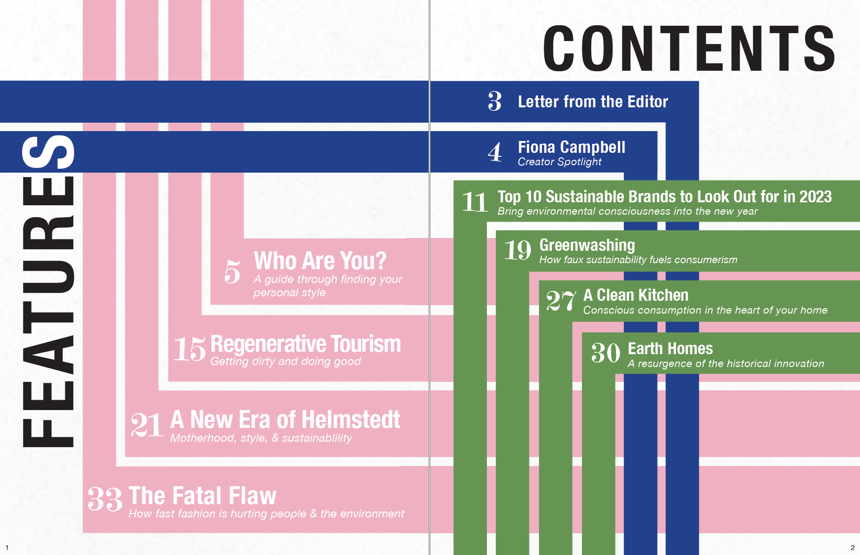 A table of contents displaying magazine's content on pink, blue, and green stripes that form interlocking right angles.