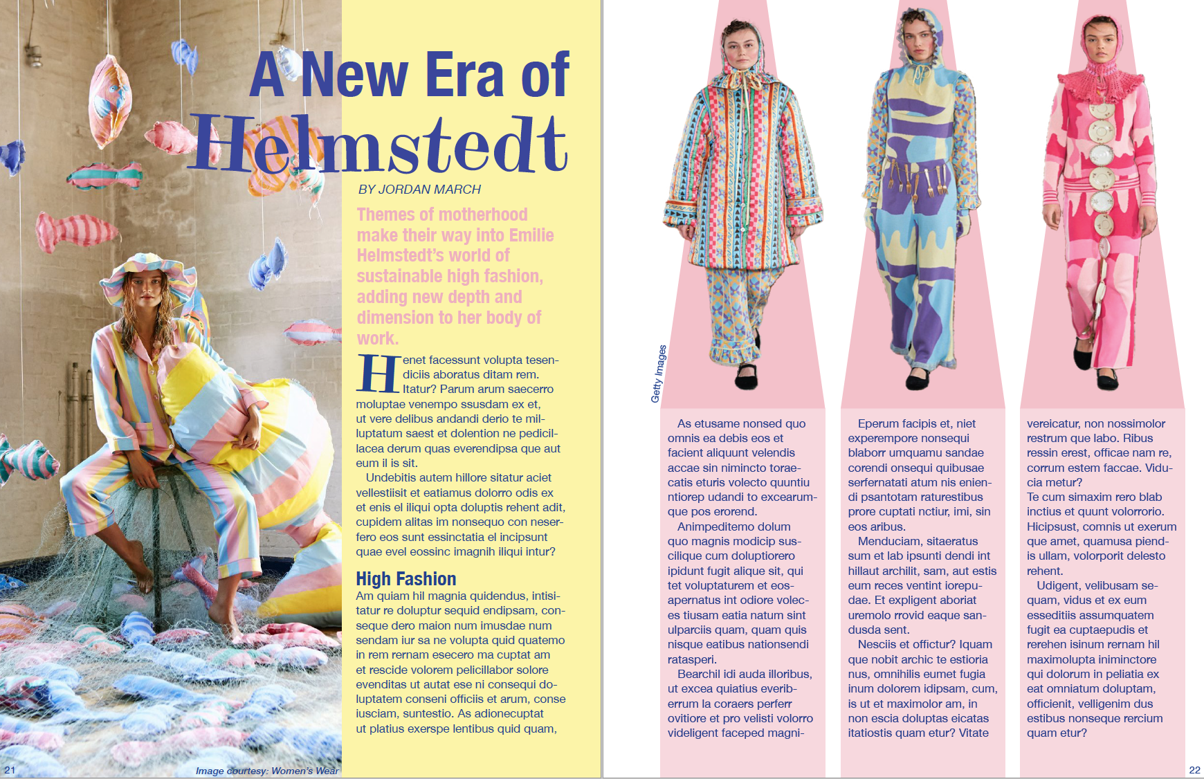 Left page: Emilie Helmstedt sits on stool in striped pink, yellow, and blue pajamas with colorful fabric fish hanging from ceiling and scattered around.
                      Right page: Three models walk down graphic runways displaying Helmstedt's colorful comfy outfits.