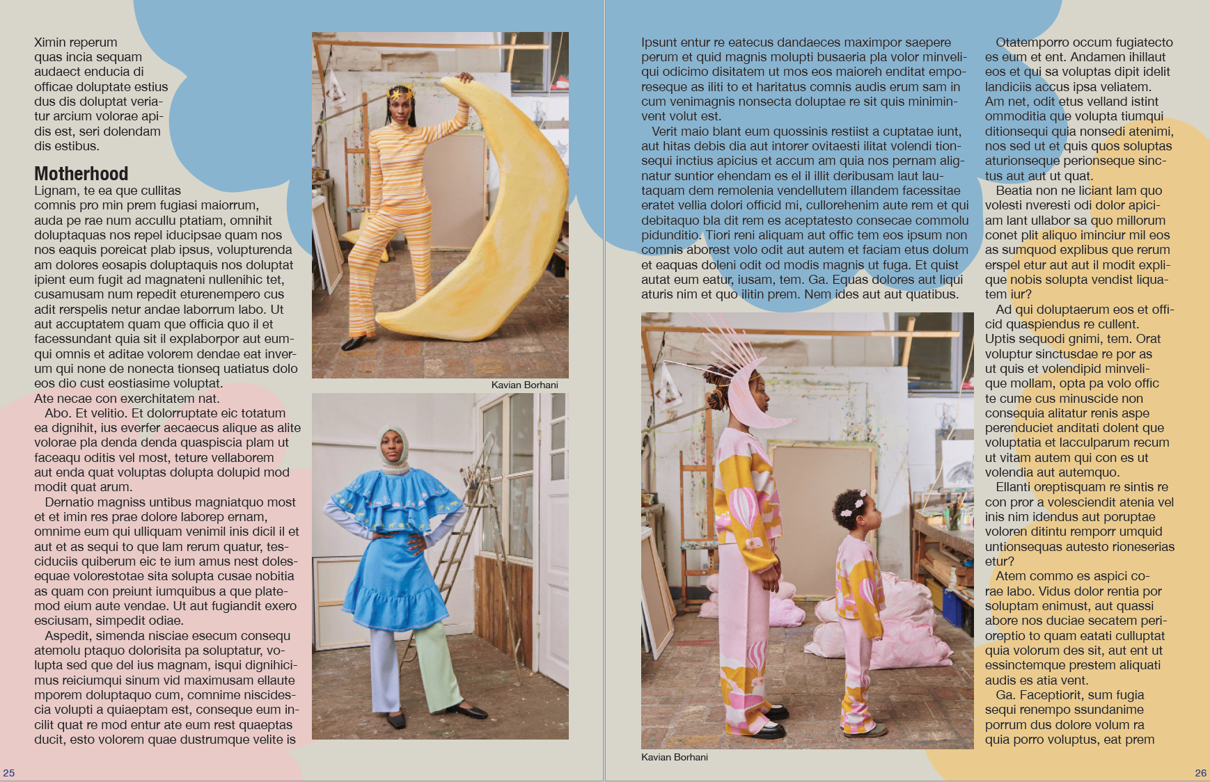 Left page: Person in all yellow striped outfit holds up giant yellow moon sculpture that rests on the ground. Person stands wearing blue flowy dress over green and purple pants.
                      Right page: Mother and daughter. We see their side profile as they face right in funky pink and yellow clothes.