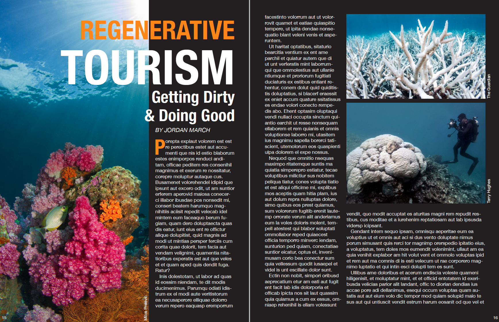 Left page: Pink, orange, and green lively coral reef with light green fish in underwater sunrays. 
                      Right page: White, dead coral. Scuba diver taking photo of white, dead coral.