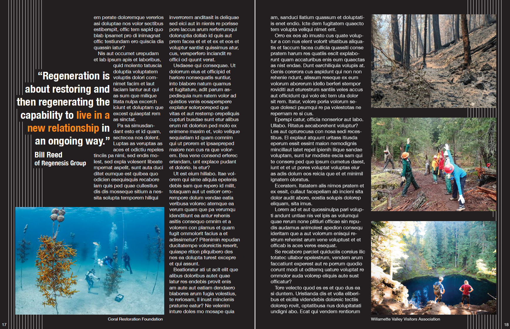 Left page: A group of scuba divers work to restore dead coral. 
                      Right page: A dead forest. Restoration workers stretching in forest. Two people looking over blue pond in green forest.