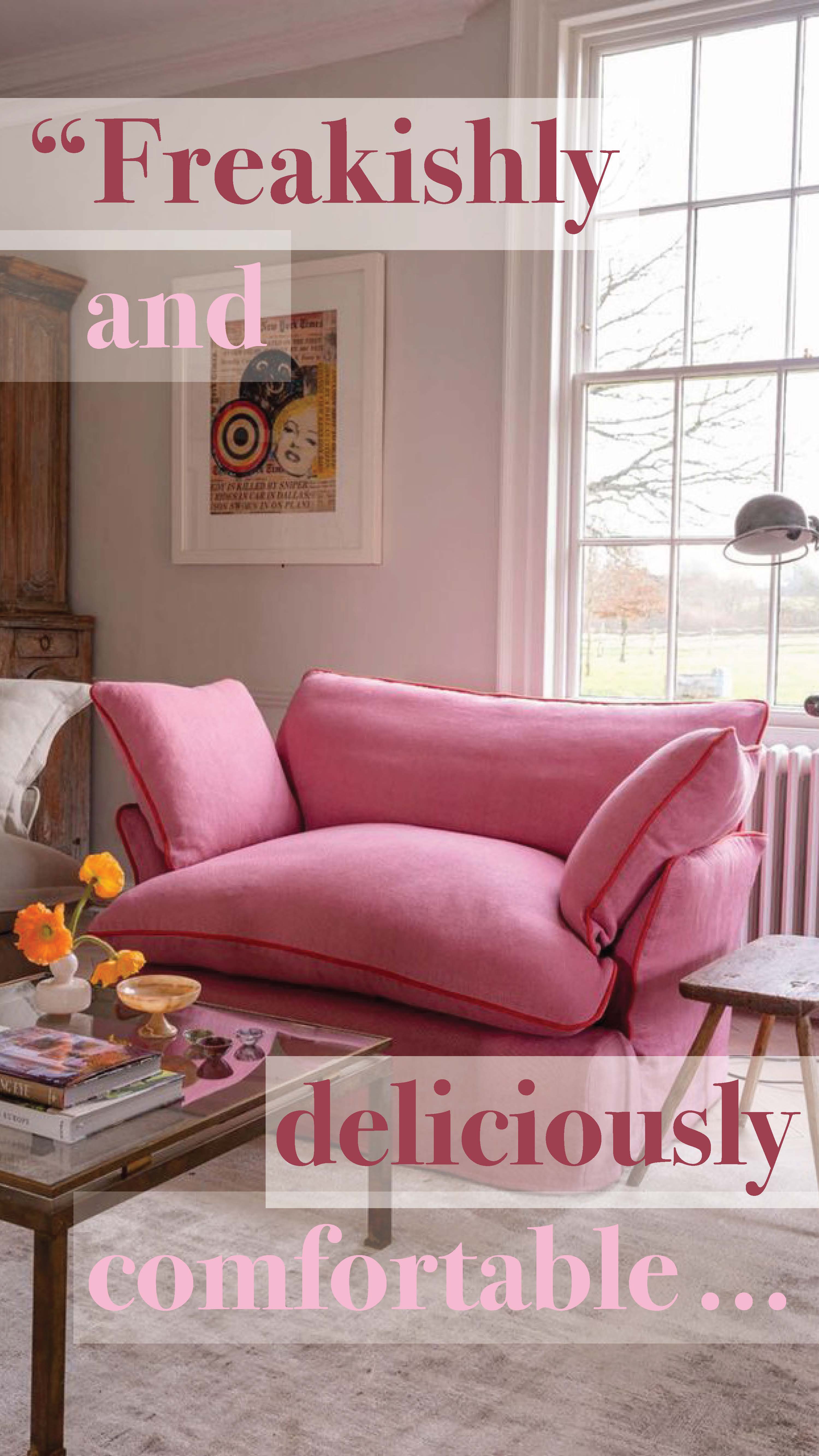 A fluffy, pillowy pink chair with red trim in a bright living room.